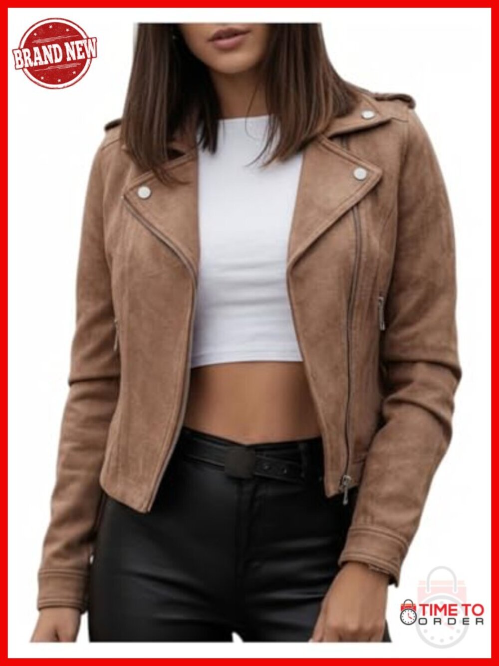 Faux Suede Motorcycle Jacket Zip Up Lapel Collar Biker Bomber Outerwear